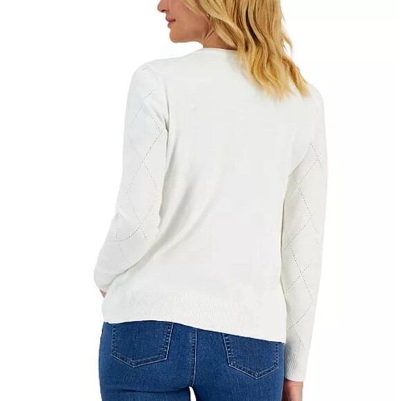 Charter Club Embroidery Flower Faux Pearl Argyle Cardigan Sz L - Picture 2 of 8